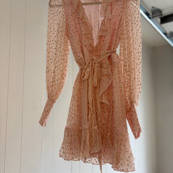 ZIMMERMANN Pink Gold Foil Ruffle Wrap Silk Mini Dress - Long Sleeve Size 0 - NWT - Picture 16 of 16